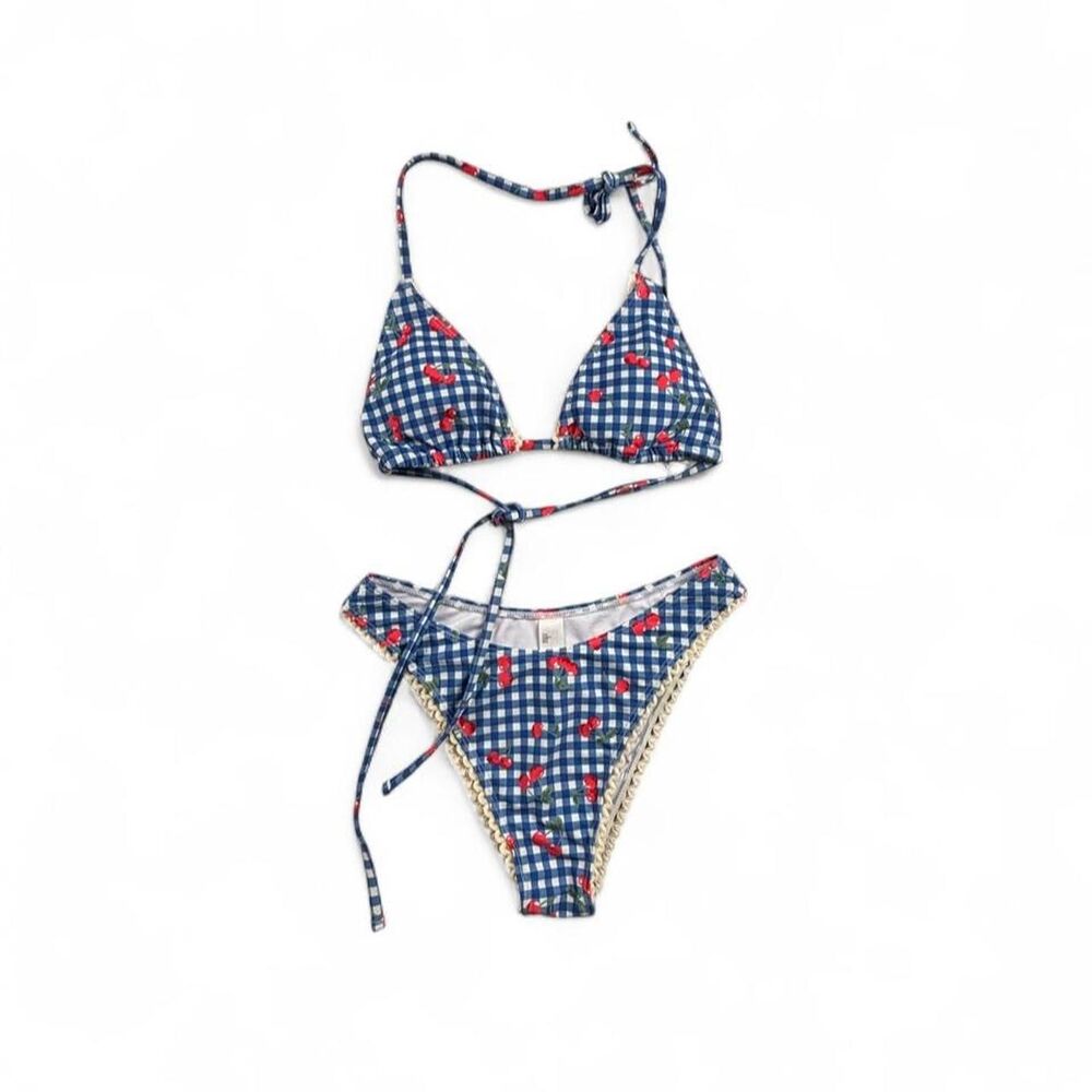 Cider Cherry Gingham Bikini Set Women’s M Blue White Tie String Y2K